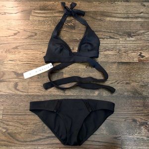 Black Wrap-Top Bikini with Mesh Details